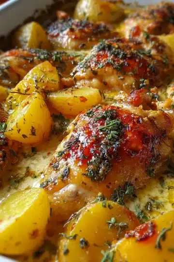 Pollo con Patatas en Salsa de Queso al Horno