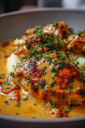 Pollo con Salsa Cremosa de Ajo y Puré de Patatas