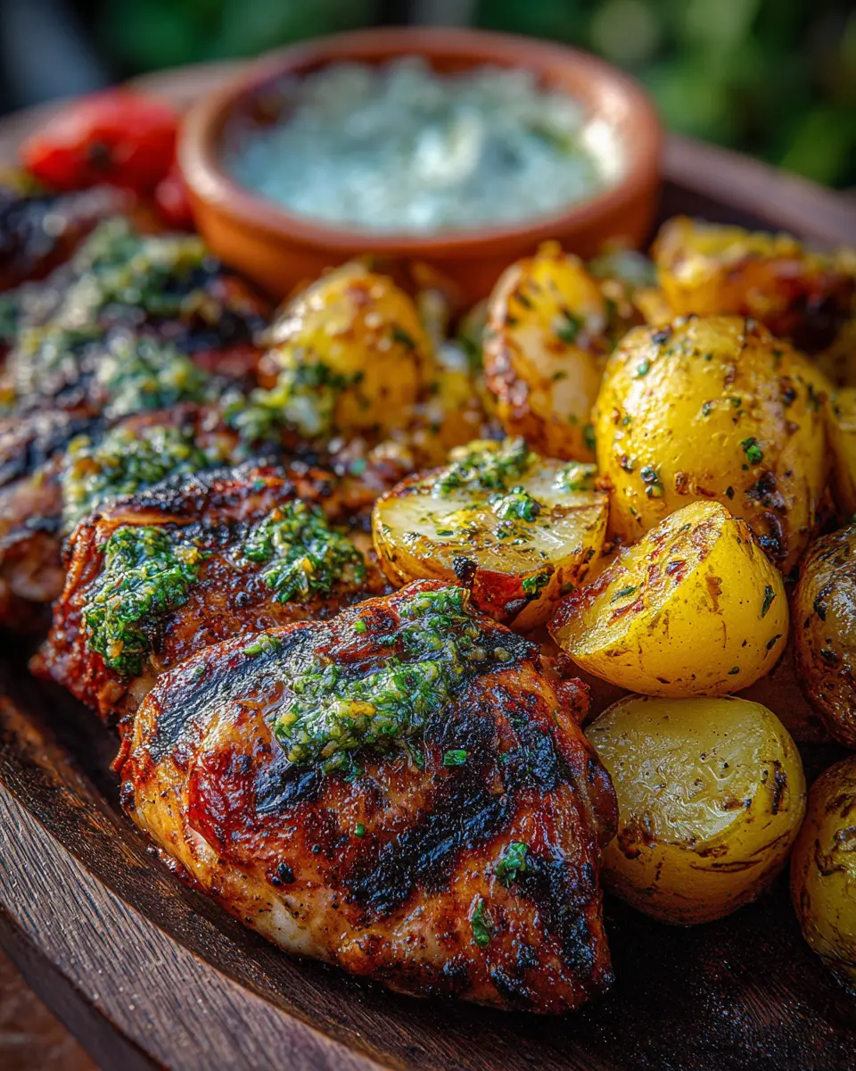 pollo a la parrilla con papas doradas y salsa cremosa de hierbas